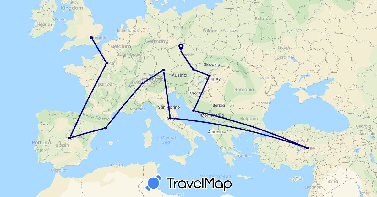 TravelMap itinerary: driving in Austria, Switzerland, Czech Republic, Germany, Spain, France, United Kingdom, Croatia, Hungary, Italy, Turkey (Asia, Europe)